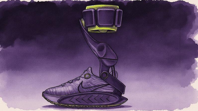 A lineup of prototypes of Nike’s Project Amplify robotic ankle brace