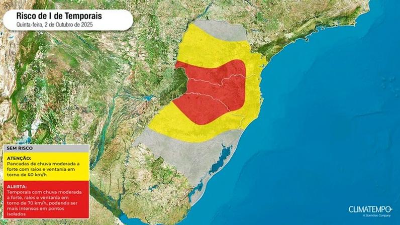 Áreas em vermelho no mapa indicam maior risco para temporais em 2/10/25 (Fonte: Climatempo)