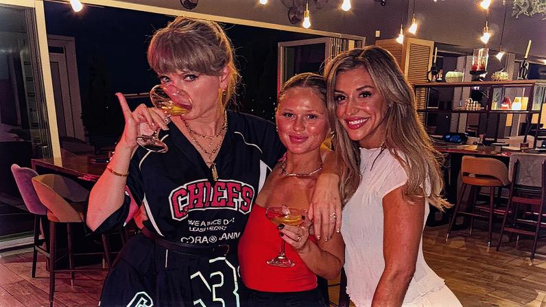 Taylor Swift wore a black Ganni minidress with custom team-name lettering at Sunday’s Chiefs-Lions football game. samanthacorumm/Instagram