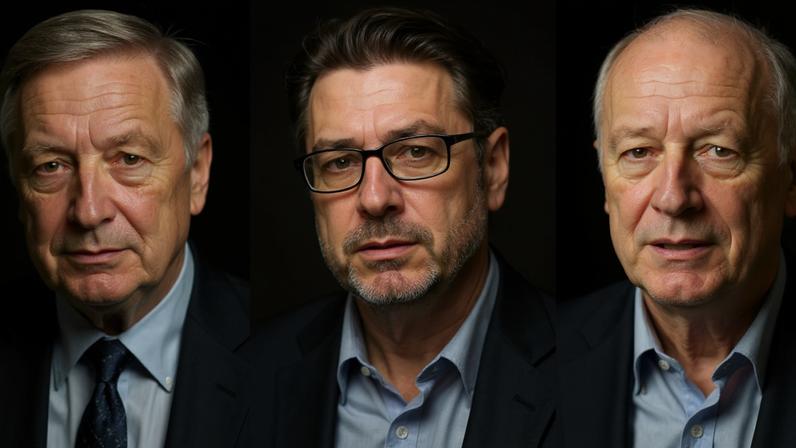 Ilustração mostra Joel Mokyr, Philippe Aghion e Peter Howitt, laureados com o Nobel de Economia de 2025