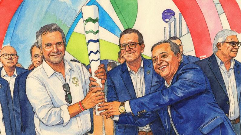 Da dir. para esq.: Neven Ilic, presidente da PanAm Sports, Eduardo Paes, prefeito do rio, e Rodrigo Neves, prefeito de Niterói (Foto: Marlon Falcão / Candidatura Rio-Niterói 2031)