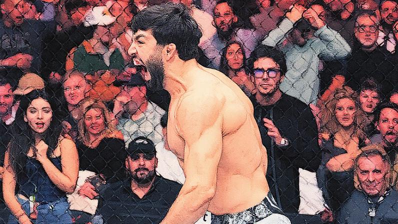 UFC lightweights Arman Tsarukyan and Dan Hooker standing side-by-side over a red and white background