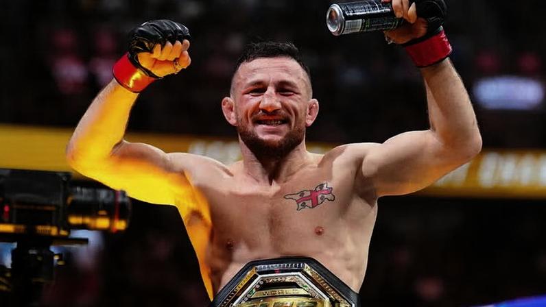 Merab Dvalishvili of Georgia reacts to his win over Cory Sandhagen in the UFC bantamweight championship fight during the UFC 320 event at T-Mobile Arena on October 04, 2025 in Las Vegas, Nevada. (Photo by Chris Unger/Zuffa LLC)