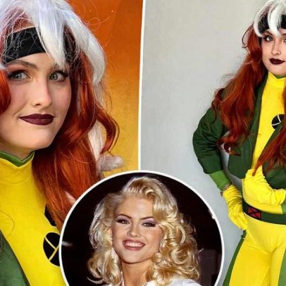 Dannielynn, filha de Anna Nicole Smith, veste Rogue no Halloween com o pai
