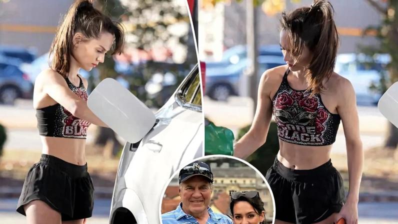 Bill Belichick’s girlfriend, Jordon Hudson, flaunted her toned figure while putting gas in her new Mercedes-Benz on Friday. Filmsbyjosh / BACKGRID