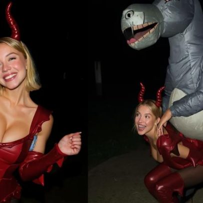 Sydney Sweeney veste dragão em Friendsgiving temático de Shrek