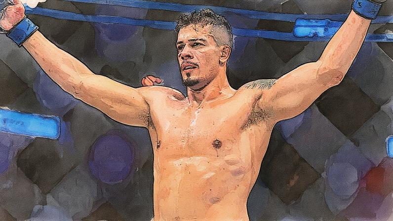Marco Tulio comemora a vitória sobre Tresean Gore no card preliminar do UFC 314. (Foto por Ed Mulholland/Zuffa LLC)