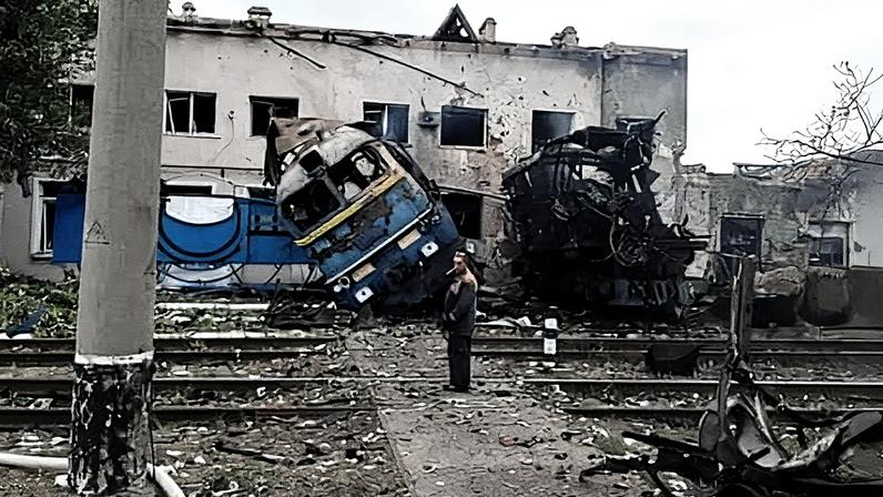 A destroyed train at a depot in Odesa that was hit by a Russian drone strike in October. Photograph: Oleksii Kuleba/Telegram/Reuters