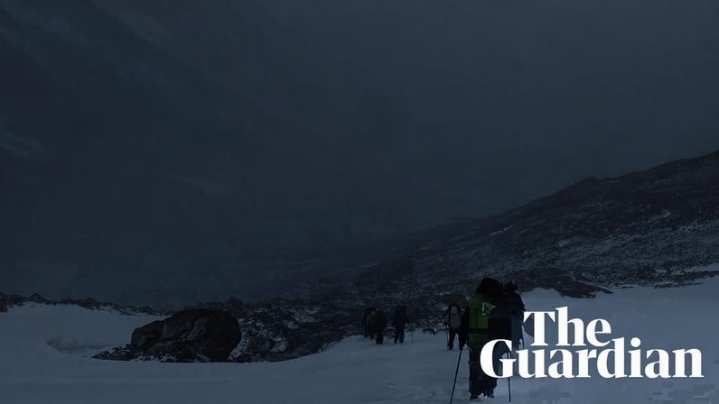 Hikers attempting to reach Paso John Garner on the O circuit trail in Torres del Paine national park in Chilean Patagonia on Monday 17 November amid a blizzard. Photograph: Emily Dong