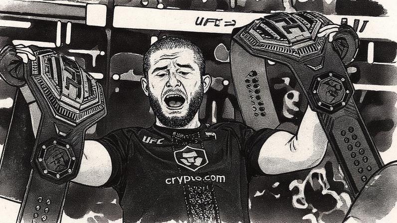 Islam Makhachev venceu Jack Della Maddalena no VeChain UFC 322 e conquistou o cinturão dos meio-médios. (Foto por Jeff Bottari/Zuffa LLC)