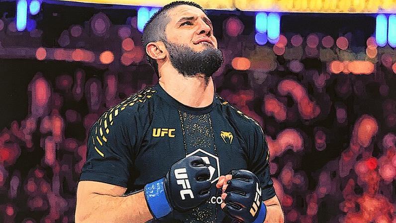 Islam Makhachev reage à sua vitória sobre Jack Della Maddalena no UFC 322 (Getty Images).