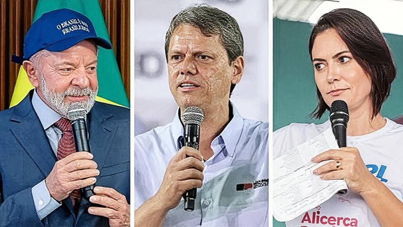 Lula lidera as disputas de 1º turno contra Tarcísio e Michelle, segundo o AtlasIntel. Fotos: Ricardo Stuckert / PR; Celio Messias/GOVSP; e Divulgação/PL