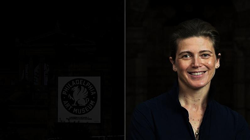 The Philadelphia Art Museum's exterior following a recent rebrand (left) and the museum's former chief executive and director Sasha Suda (left), who is now suing the institution; Both photos courtesy Philadelphia Art Museum. Exterior photo by Rob Cusick