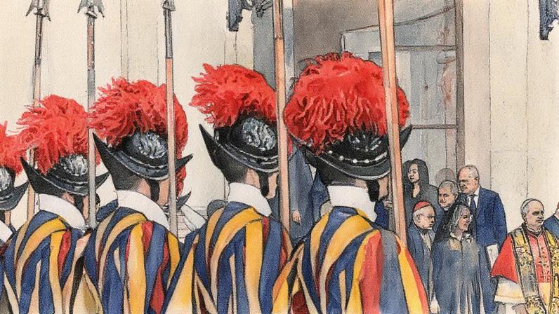 Swiss Guards, whose primary role is to protect the pope, lined up as Pope Leo bids farewell to Britain’s King Charles and Queen Camilla on 23 October.