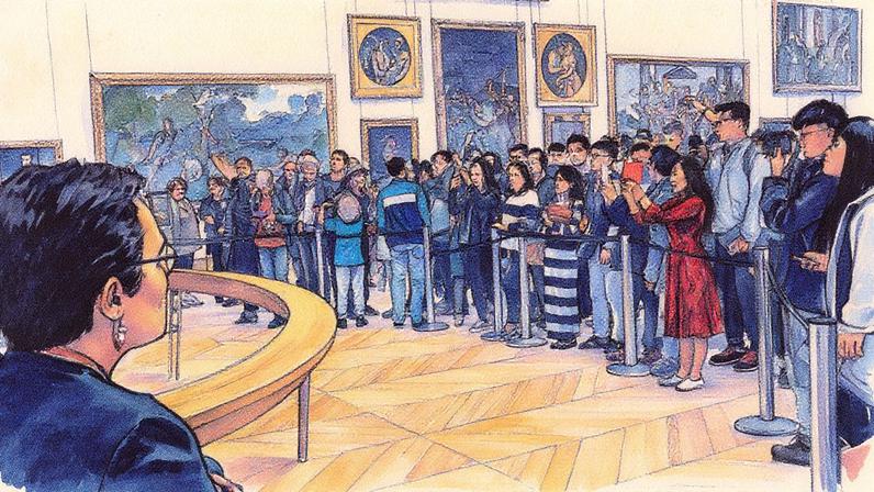 Security watches as people take photos of the Mona Lisa in 2016