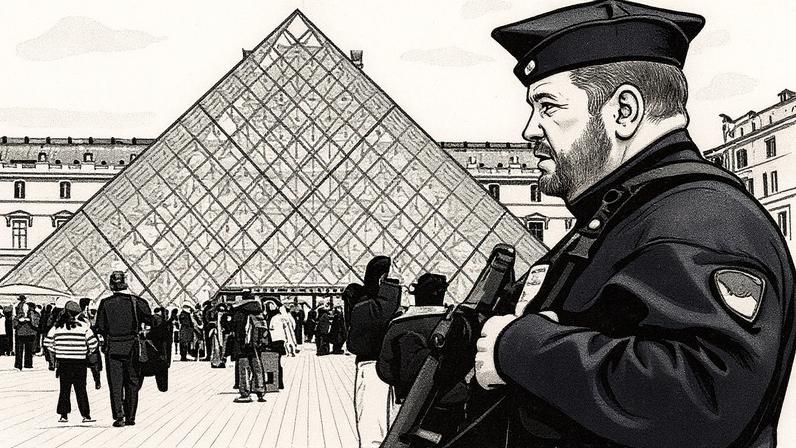 A riot police officer patrols near the Louvre, Paris, after the robbery last month.