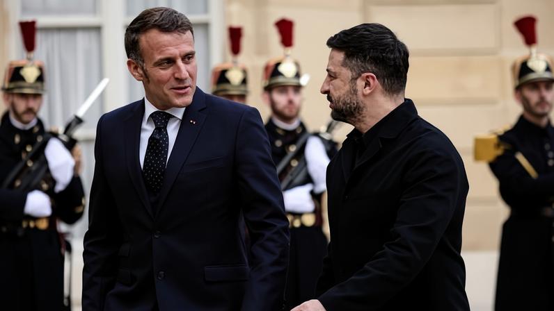 Emmanuel Macron welcomes Volodymyr Zelenskyy to the Élysée Palace in Paris on Monday. Photograph: Teresa Suárez/EPA