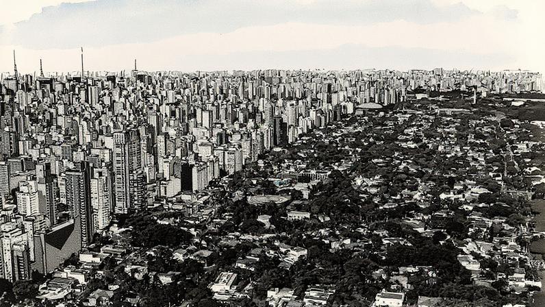 Vista aérea dos Jardins, em São Paulo, na 'fronteira' do Jardim Paulista (à esquerda, o bairro com prédios) e o Jardim América e o Jardim Europa (logo à direita, de casas)