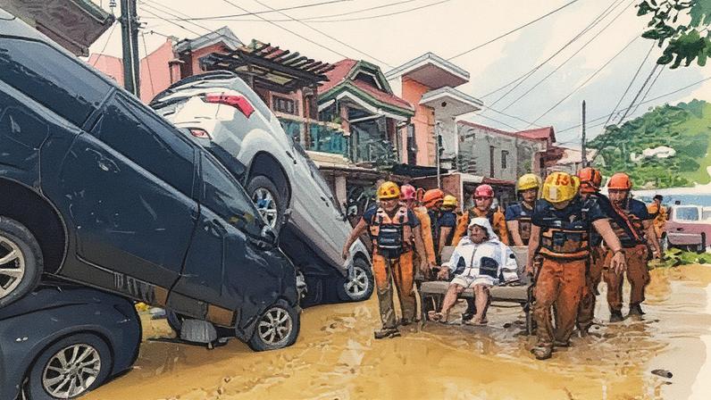 Rescuers carry a resident past cars washed away by floods at the height of Typhoon Kalmaegi at a subdivision of Cebu City in the central Philippines