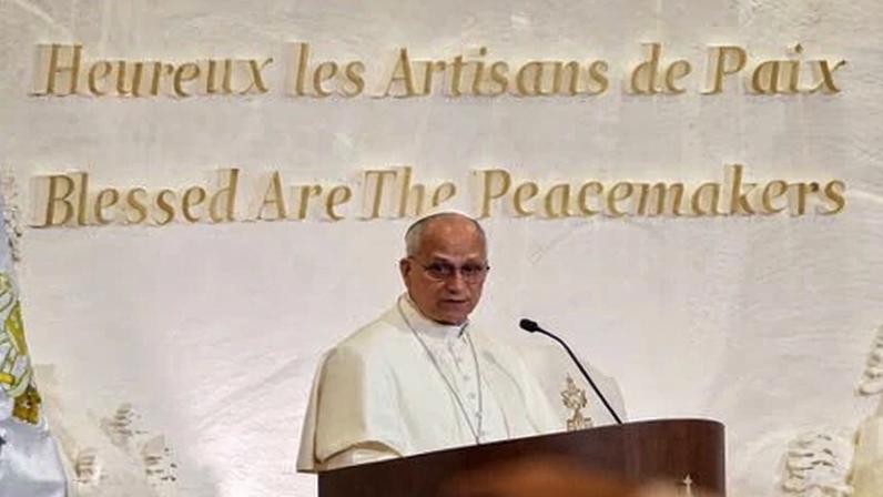 Pope Leo XIV delivers his speech at Beirut's presidential palace in Lebanon, 30 November 2025.