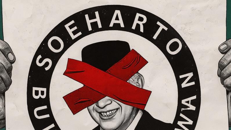 A person holds a placard reading 'Suharto is not a hero' during a protest opposing the recognition of late president Suharto as a national hero in Jakarta, Indonesia, 10 November 2025.