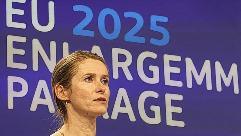 Kaja Kallas at a press conference on EU enlargement in Brussels, Belgium. Photograph: Olivier Hoslet/EPA