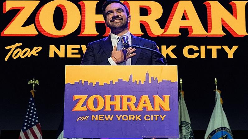 Zohran Mamdani speaks during a victory speech at a mayoral election night watch party. Photograph: Yuki Iwamura/AP