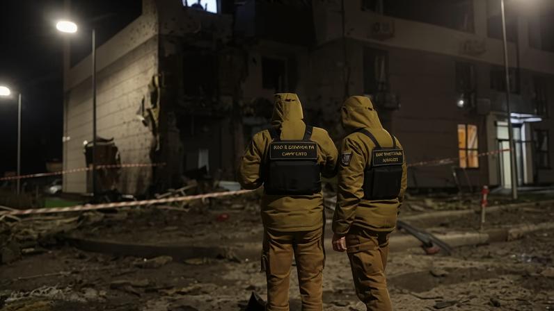 Ukrainian servicemen at the site of an apartment building hit during a deadly Russian missile and drone attack on Kyiv early on Saturday.