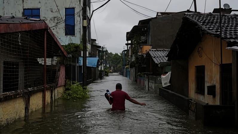 Heavy rain has flooded the district of Wellampitiya, on the outskirts of Sri Lanka’s capital.