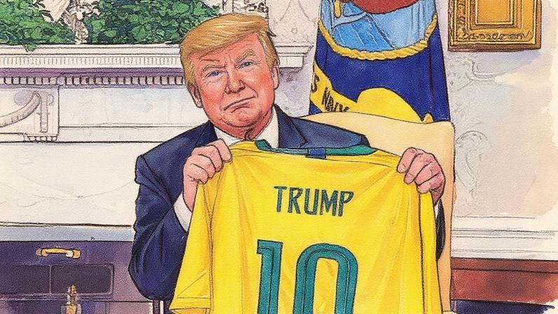Trump com uma camisa do Brasil, recebida em encontro com Bolsonaro em 2019. Foto: Divulgação/Planalto