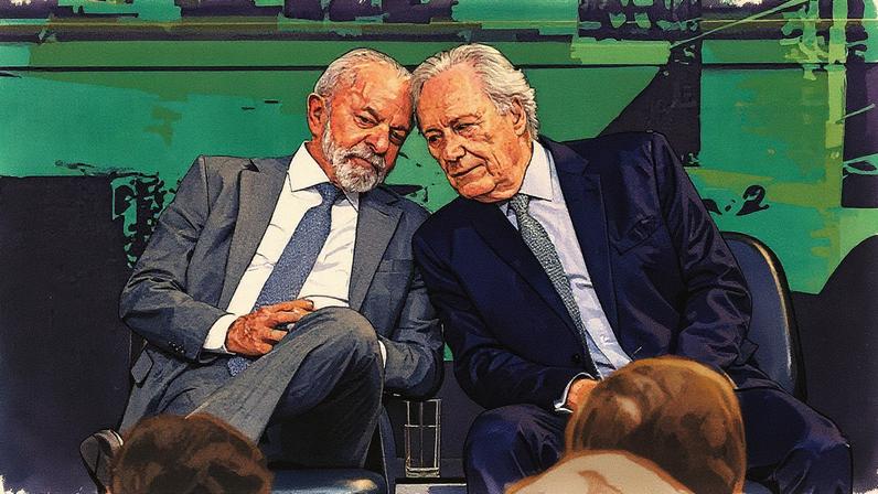 O presidente Lula (PT) conversa com o ministro da Justiça, Ricardo Lewandowski, durante cerimônia de inauguração escultura de Burle Marx no ministério da Justiça. Foto: Bruno Peres/Agência Brasil
