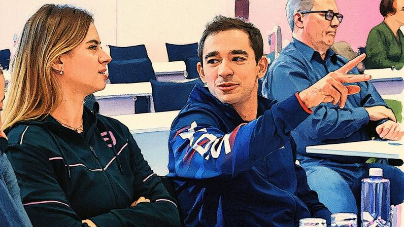 Bruna Takahashi e Hugo Calderano no sorteio das chaves em Frankfurt (Divulgação/WTT)