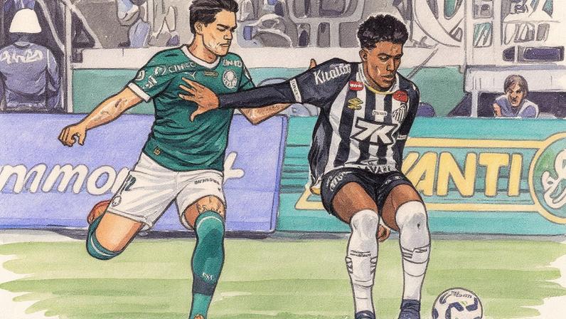 Jogadores de Santos e Palmeiras disputam a bola pelo Brasileirão (Foto: Raul Baretta/ Santos FC.)