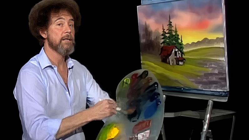 Bob Ross painting the record-breaking work Cabin at Sunset (1987) on The Joy of Painting Screenshot via YouTube