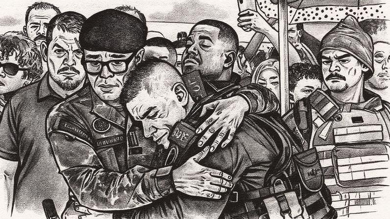 Policiais militares do Rio de Janeiro se emocionam em um funeral de um oficial morto na Megaoperação de outubro. (Foto: EPA/EFE/ André Coelho)