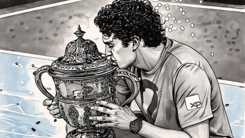 João Fonseca beija o troféu do ATP 500 da Basileia, na Suíça (Foto Fabrice COFFRINI / AFP)