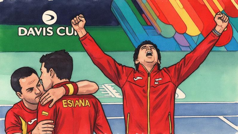 A emoção de Jaume Munar (d) na classificação da Espanha a mais uma final da Copa Davis (Foto: Tiziana FABI / AFP)