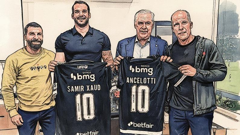 Pedrinho, Samir Xaud, Carlo Ancelotti e Felipe Loureiro em São Januário (Foto: Reprodução)