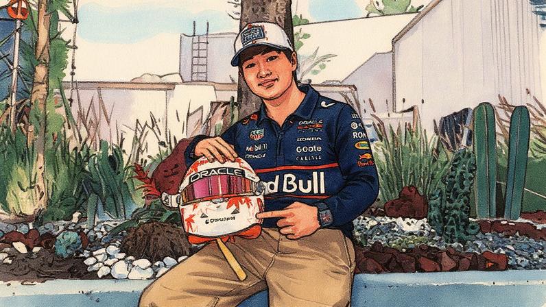 Yuki Tsunoda e seu novo capacete. (Foto: Divulgação/Crunchyroll)