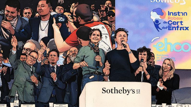 Cédric Klapish, Alice Taglioni, Martin Solveig and Vincent Lacoste with Sotheby’s auctioneer, Aurélie Vandevoorde, during the sale of the Pièce des Présidents. Credit: © Micha Patault / Sotheby's