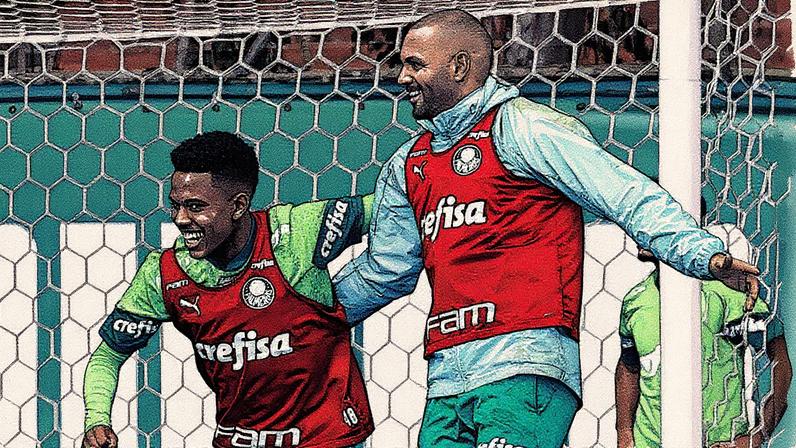 Weverton, goleiro do Palmeiras, ao lado de Estêvão, hoje no Chelsea (Foto Cesar Greco/Palmeiras)