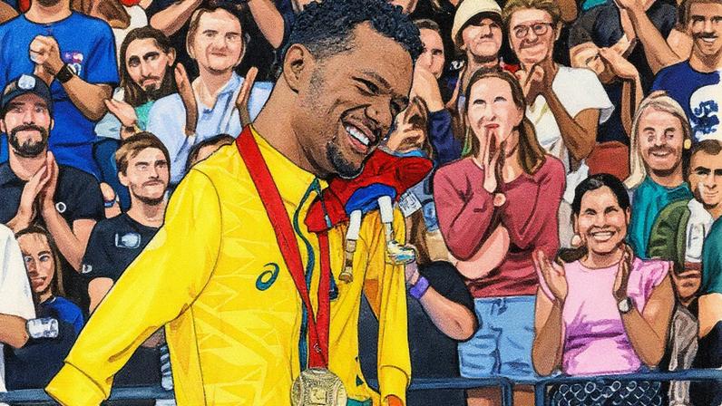 Gabrielzinho pousa para foto com medalha de ouro e mascote das Paralimpíadas (Foto: Wander Roberto/CPB)