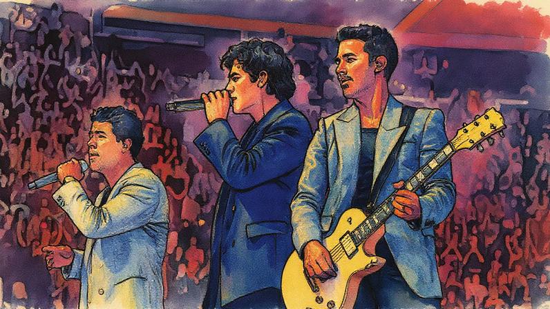 Nick Jonas, Joe Jonas, and Kevin Jonas perform at Intuit Dome in Inglewood, California.