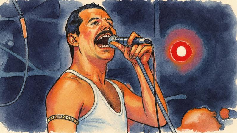 Freddie Mercury of Queen performs during Live Aid at Wembley Stadium on 13 July 1985