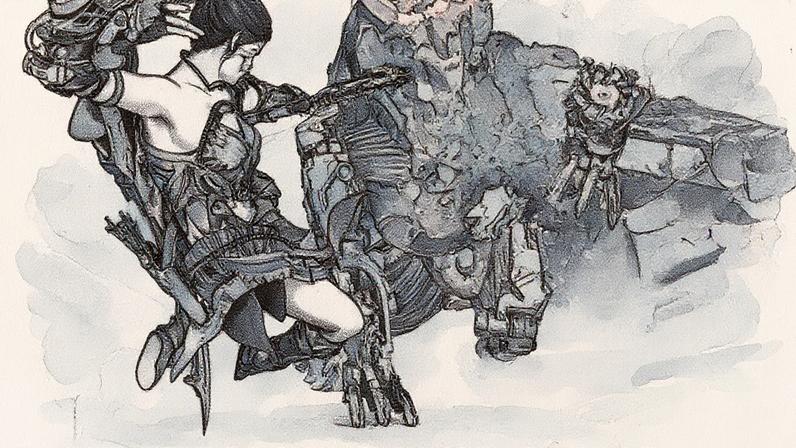 A hunter fights a machine surrounded by fire.