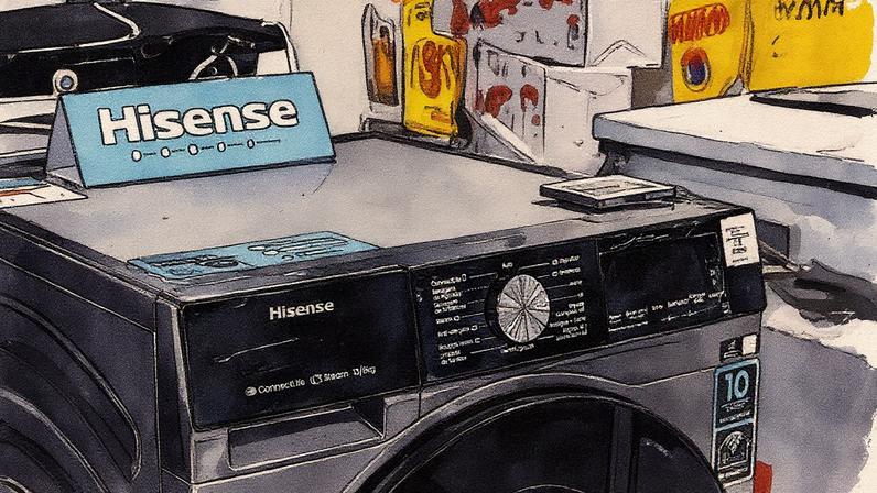Hisense avalia fusão entre unidades de eletrônicos e eletrodomésticos, dizem fontes | Uma máquina de lavar Hisense em exposição na megaloja Casas Bahia em São Paulo, Brasil, na segunda-feira, 5 de maio de 2025. (Foto: Maira Erlich/Bloomberg)