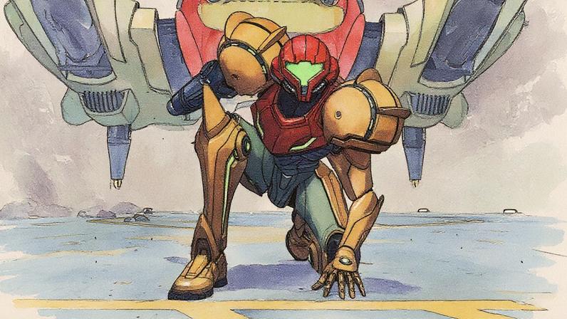 Samus crouches, ready for action.