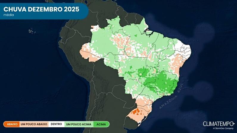 Anomalia do volume de chuva médio no Brasil estimado para novembro de 2025: tons de verde indicam chuva acima da média e, tons de laranja, chuva abaixo da média. (Fonte: Climatempo)
