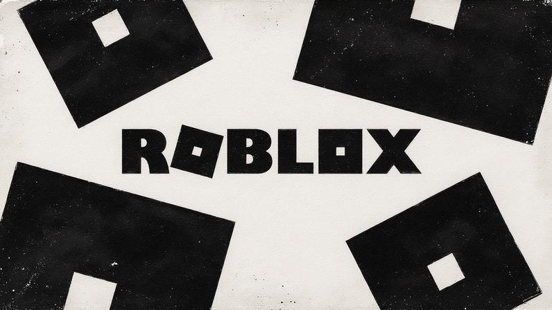 The Roblox logo in red, surrounded by blocky shapes on a pink background.