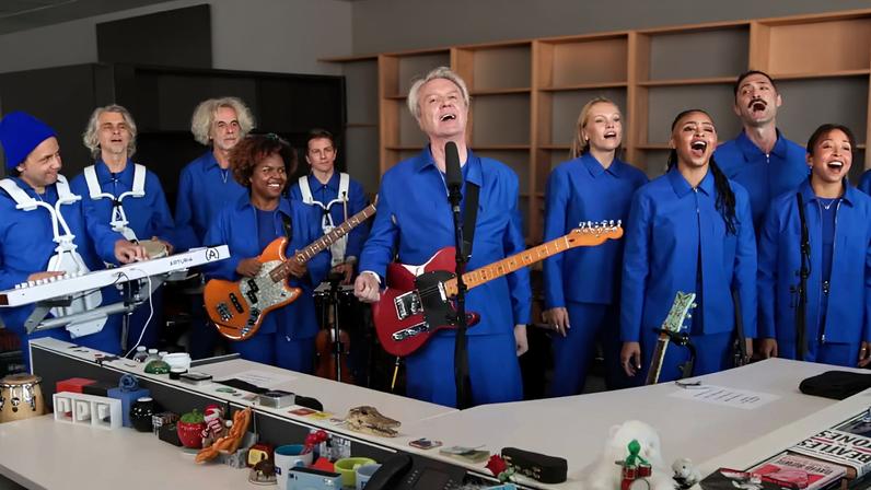 David Byrne performing on NPR's 'Tiny Desk Concert' series.
